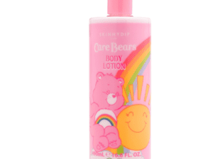 A pink bottle of body lotion with cartoon images.