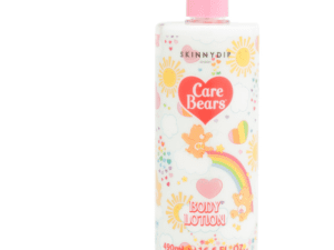 A bottle of body lotion with cartoon designs.